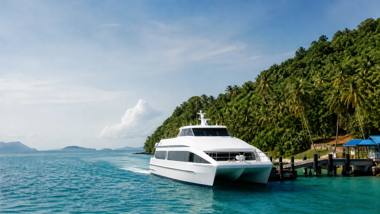 A passenger catamaran crossing clear tropical water