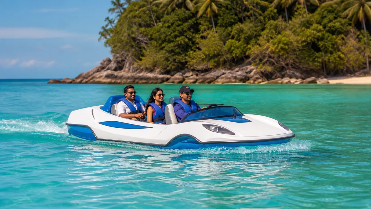 Guests in life jackets riding an open-top aqua craft on calm water
