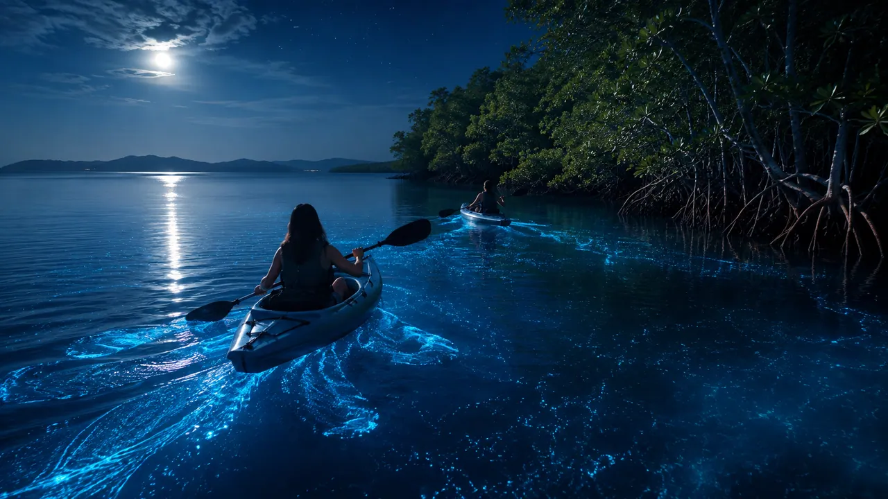 A kayak moving through glowing bioluminescent water beneath a night sky