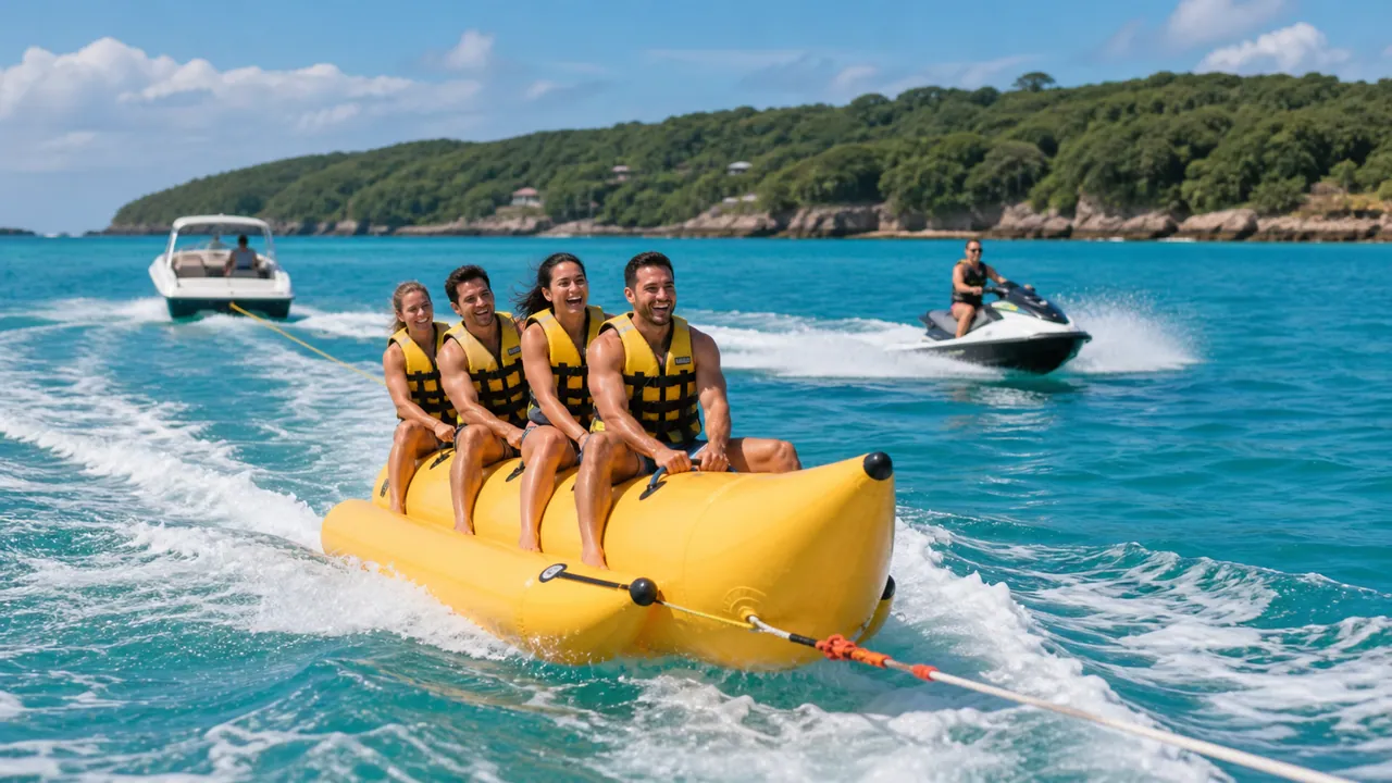 Friends in life jackets enjoying supervised coastal water sports