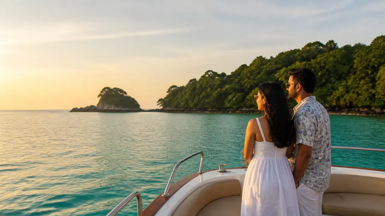 A couple watching forested islands from a private excursion boat