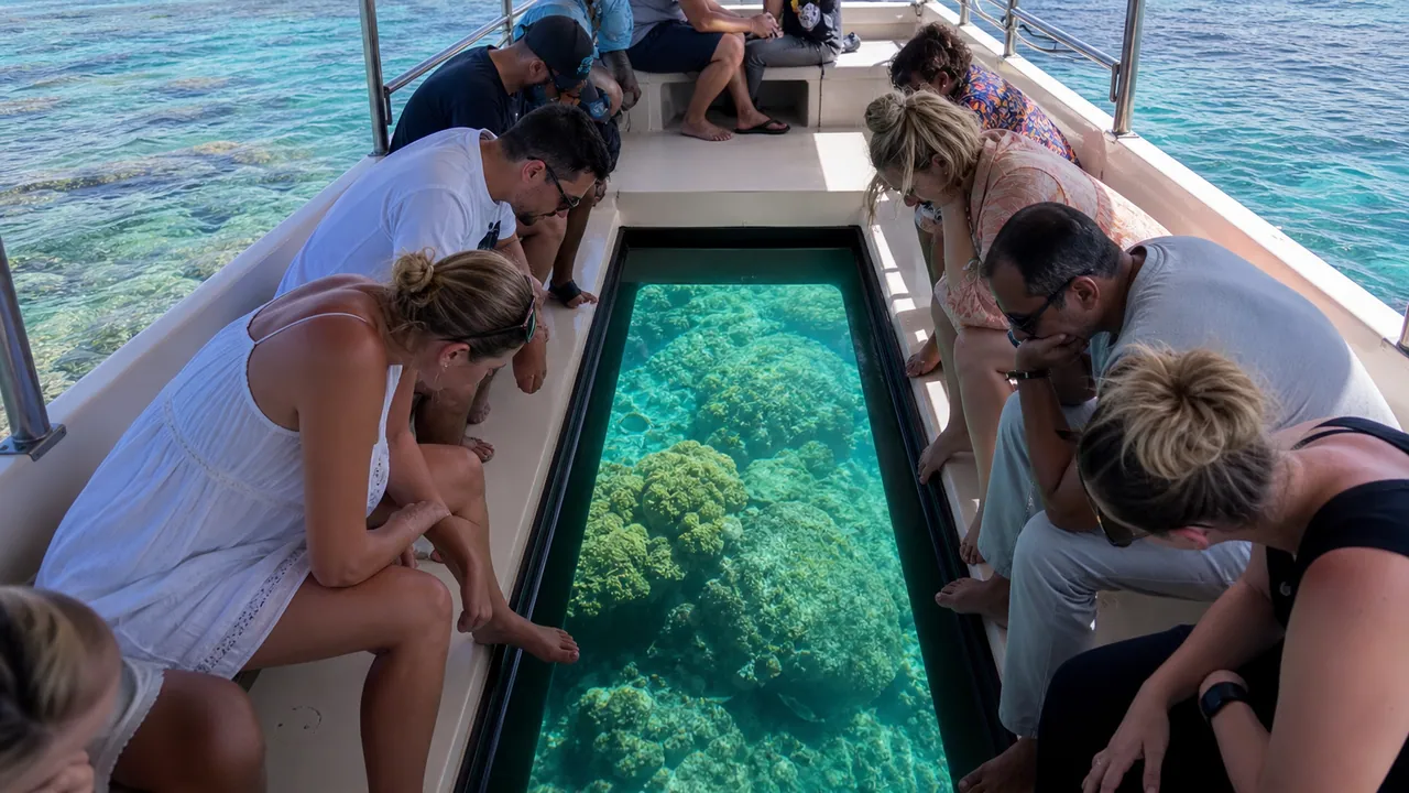A family viewing coral through a glass-bottom boat panel