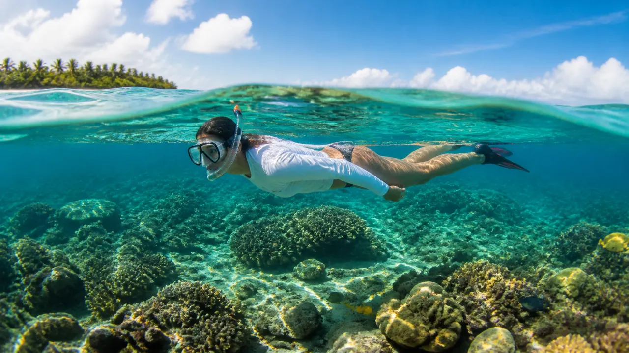 A guided snorkeler floating safely above a shallow coral reef