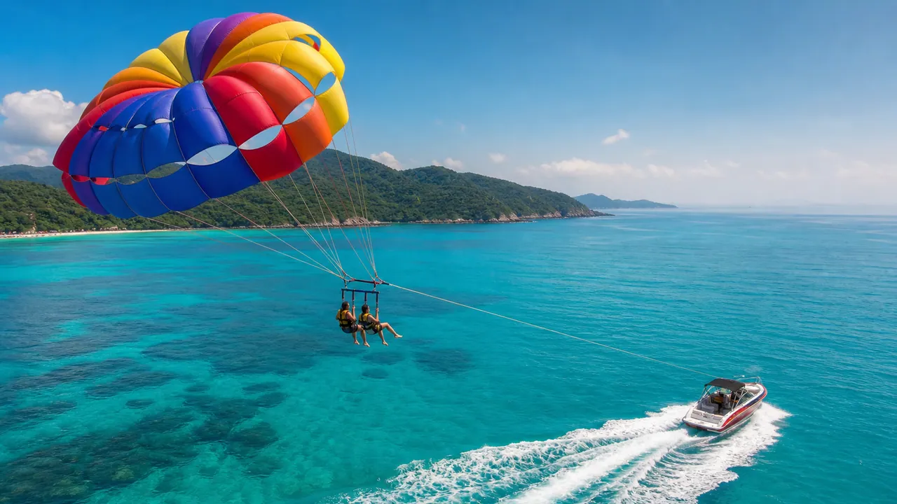 A parasailer lifted behind a winch boat above tropical water