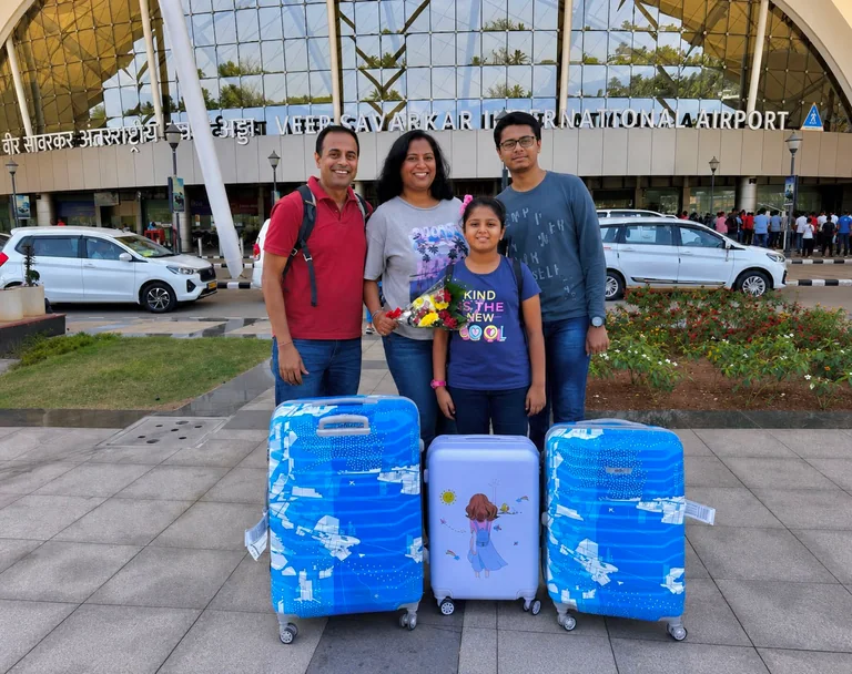 A family arriving with their luggage for an Andaman holiday