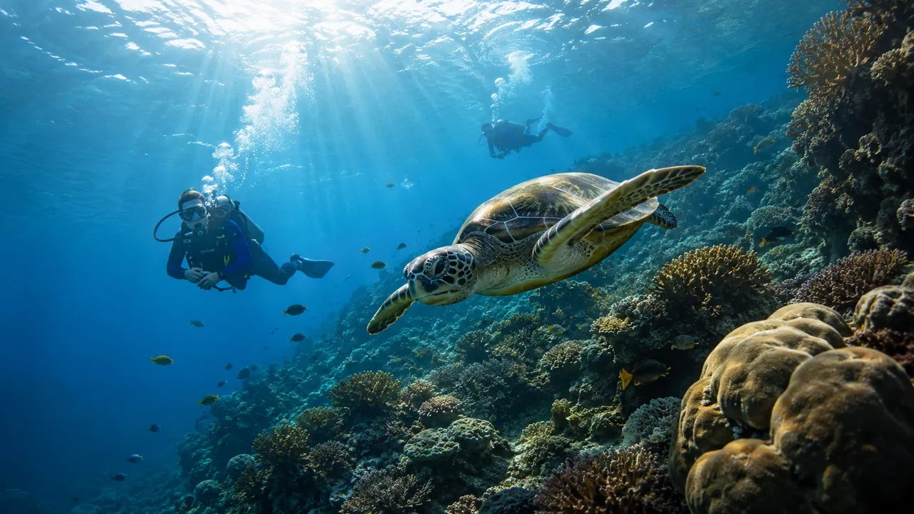 A diver and sea turtle above a colourful coral reef