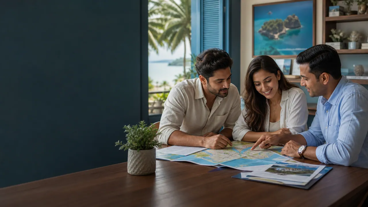 A travel advisor planning an island itinerary with a couple