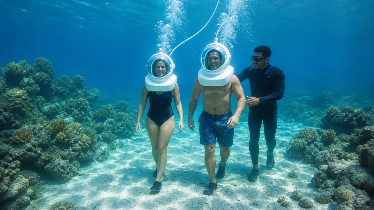 Helmet-assisted sea walkers following a guide above a coral seabed